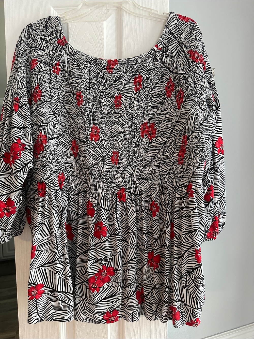 J. Jill Black & White Tunic with Red Floral Accents